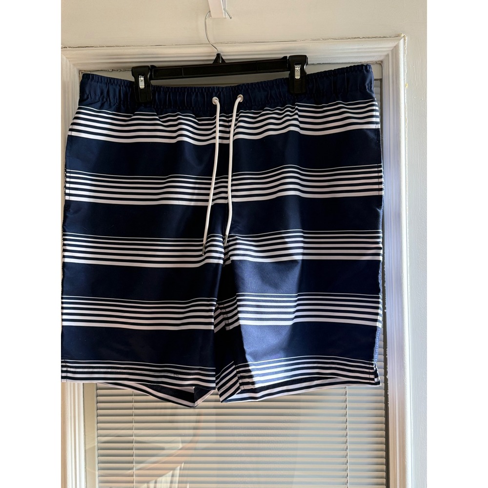 Lands' End Swim Trunks Mens XL 40-42 Navy Blue White Striped  Drawstring